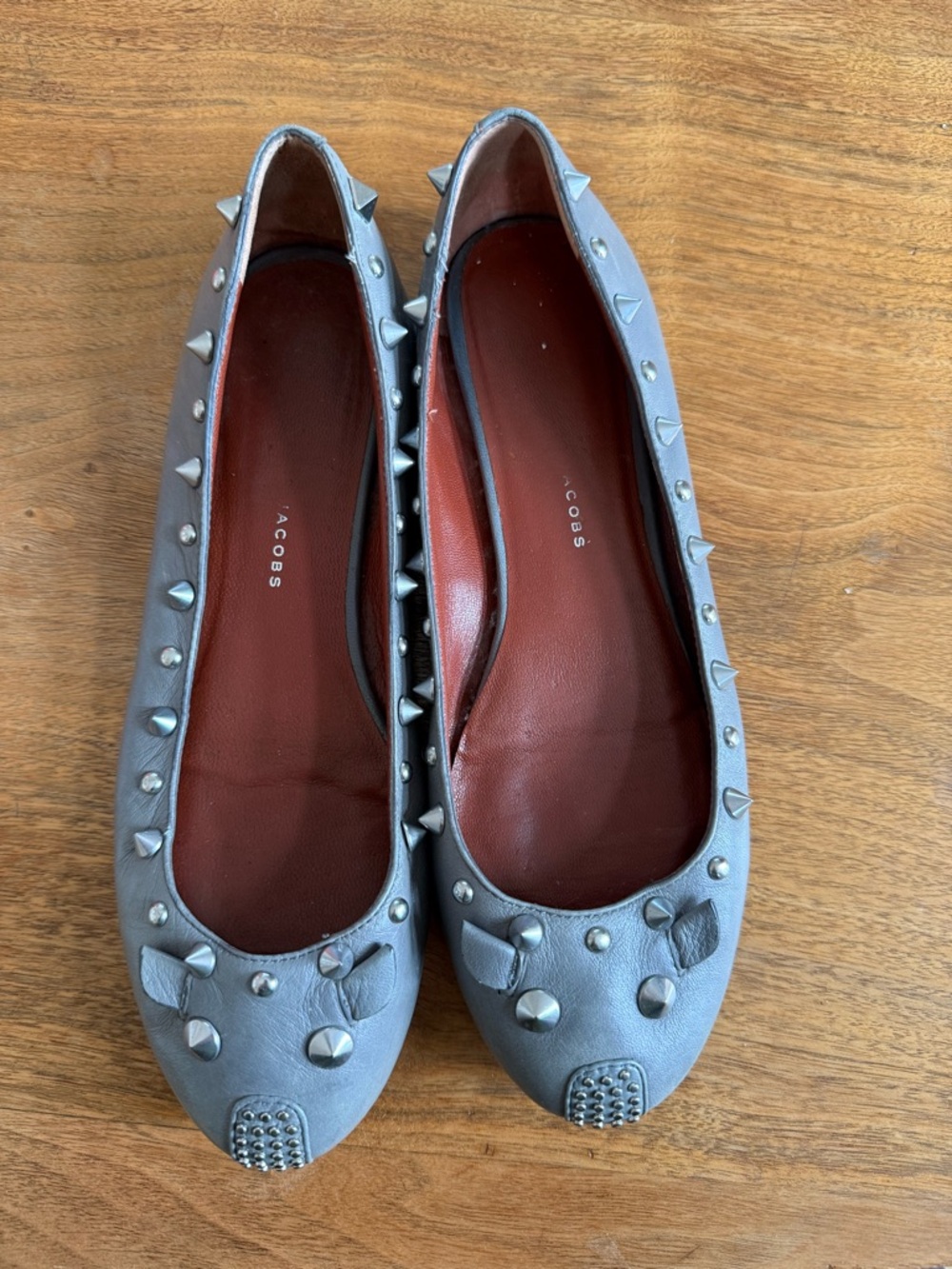 Marc Jacobs Light Gray Studded Leather Ballet Flats